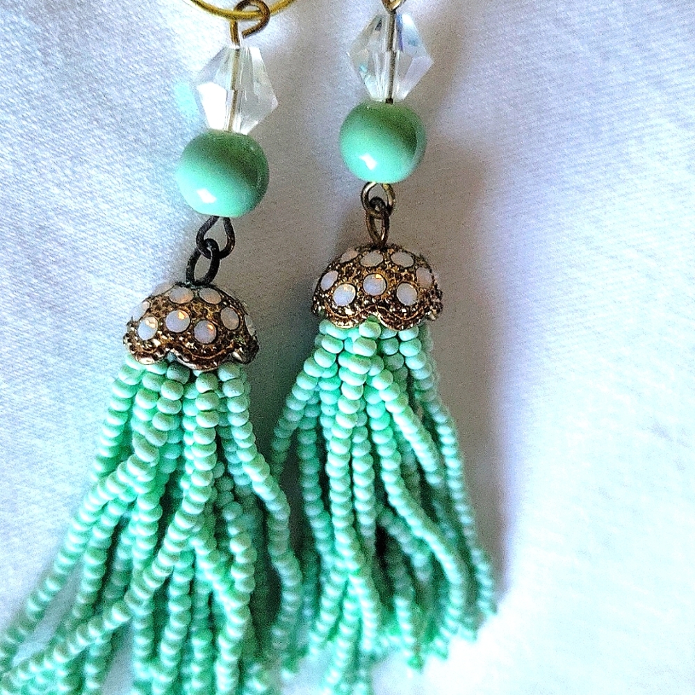 Green Tassel Aurora Borealis Earrings